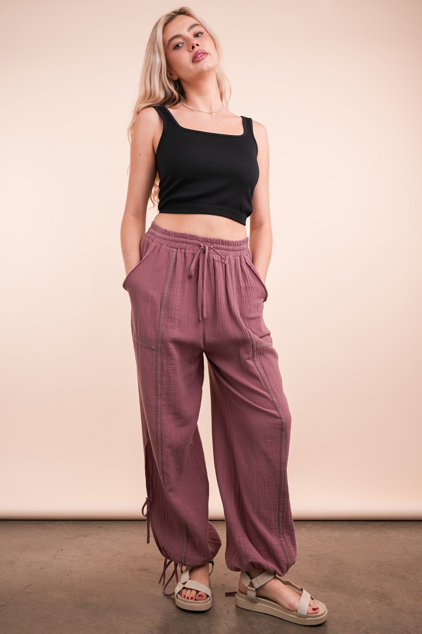 Side Tunnel Harem Pants with Lace Trim Detail