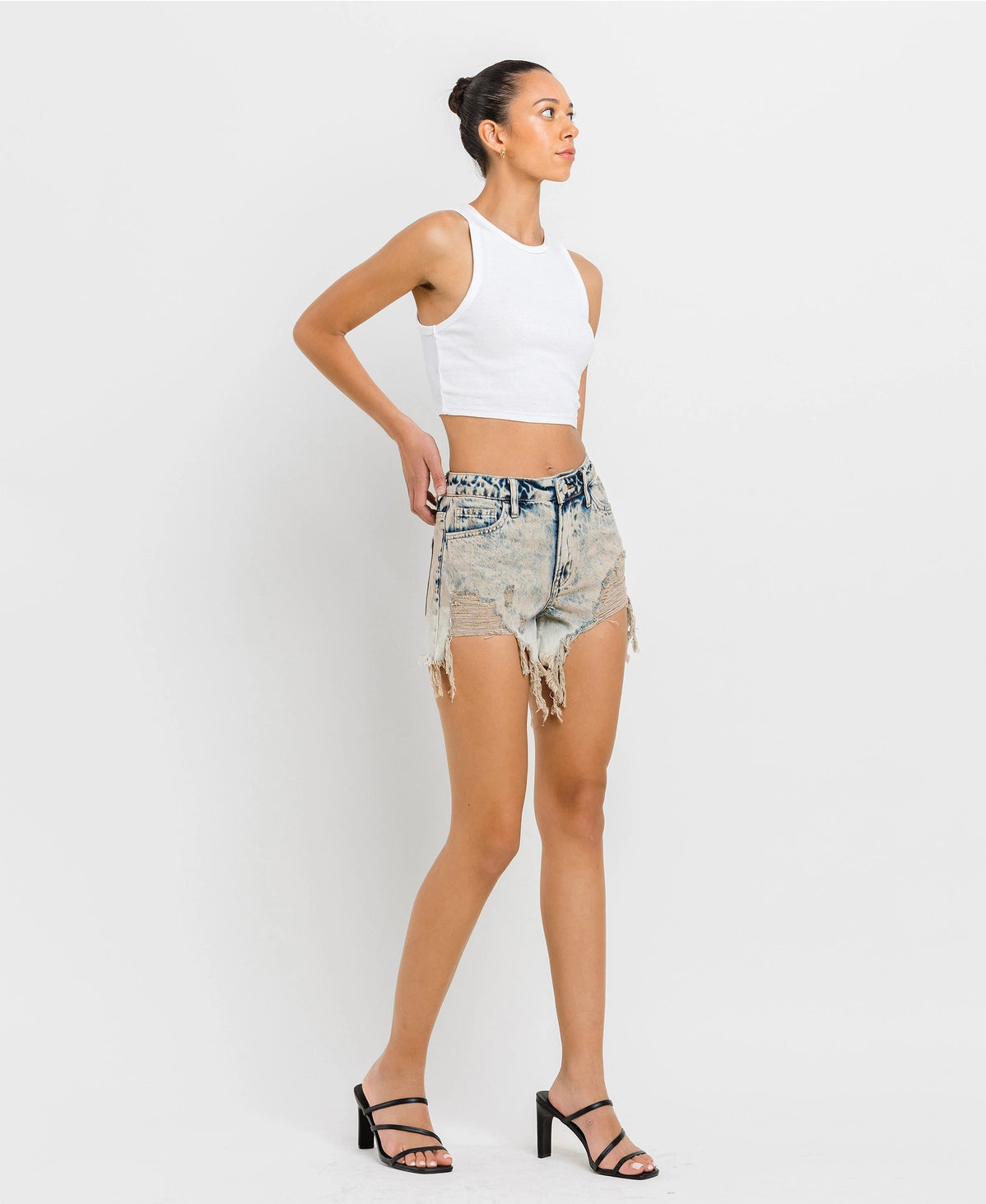 Super High Rise Distressed Shorts -Cement