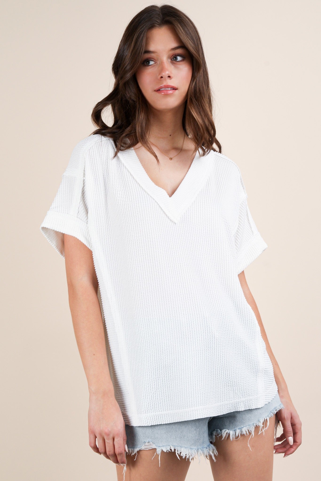 Soft Two Tone Casual Comfy Ribbed Knit Top