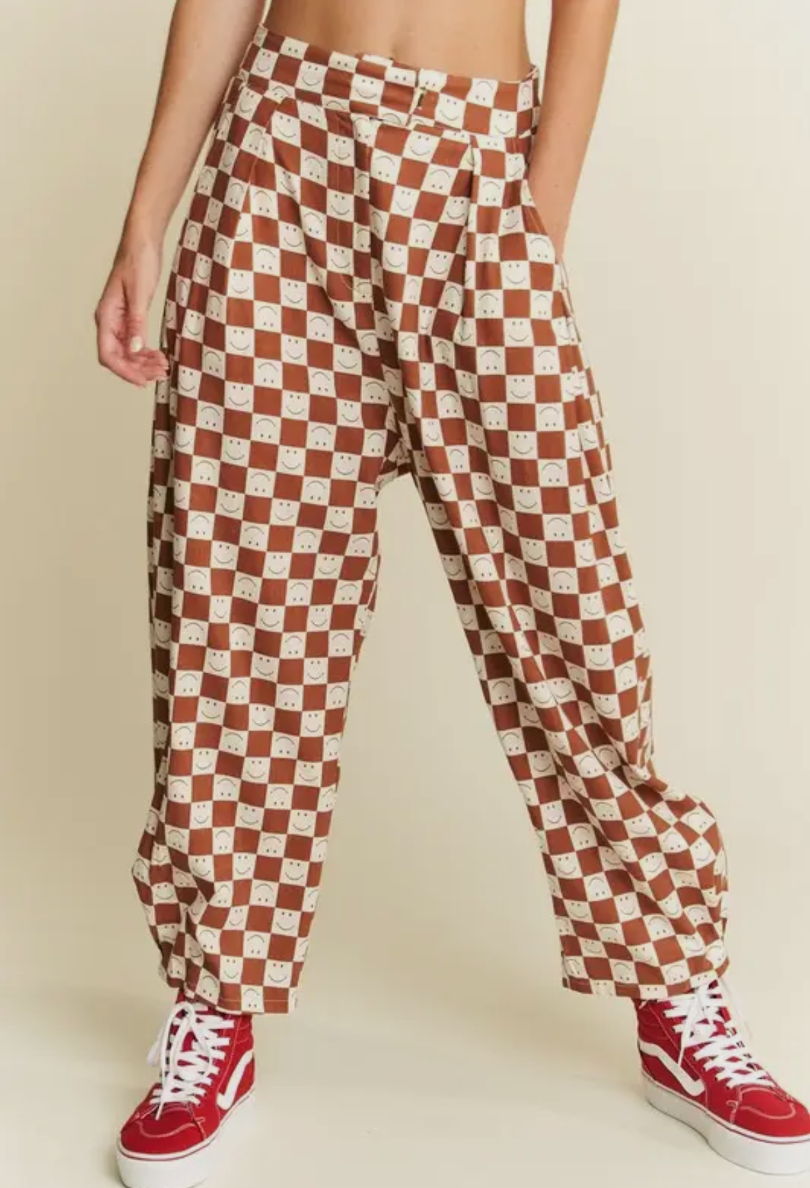Smile Pattern Checkered High Waist Barrel Pants
