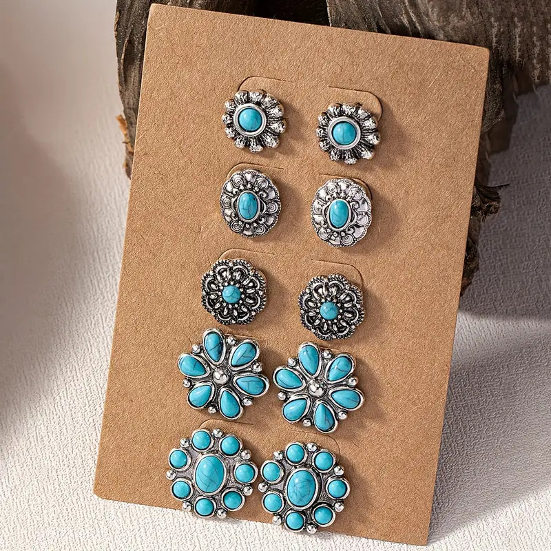 Vintage 5-pair Turquoise Stud Earring Set