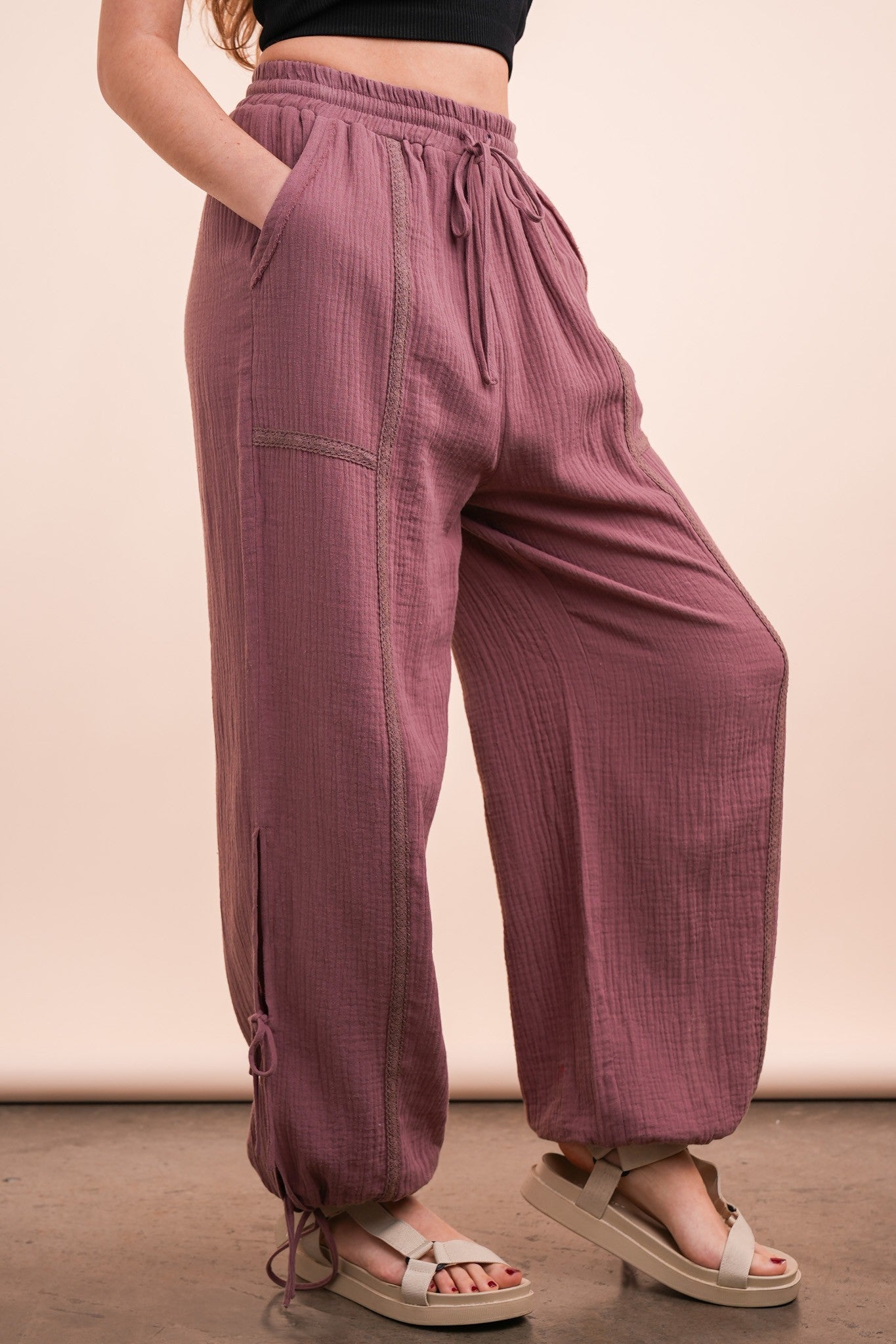 Side Tunnel Harem Pants with Lace Trim Detail