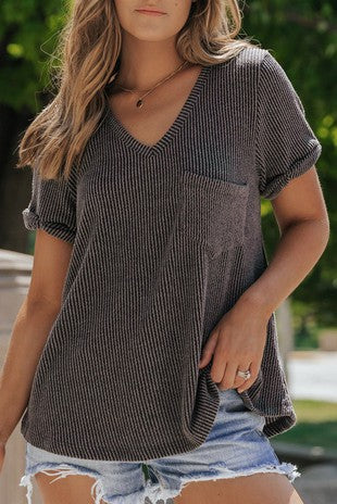 Corded Twist Sleeve V-Neck Top