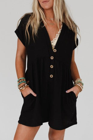 Button Cuffed Black Romper