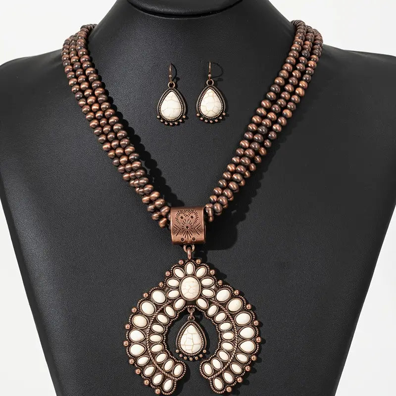 Beaded White Turquoise Necklace & Earring Set