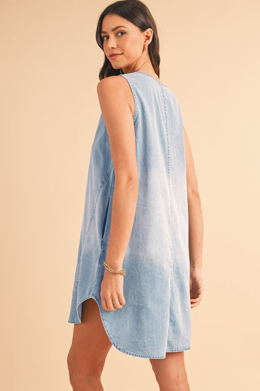 Light Wash Split Neck Sleeveless Chambray Dress