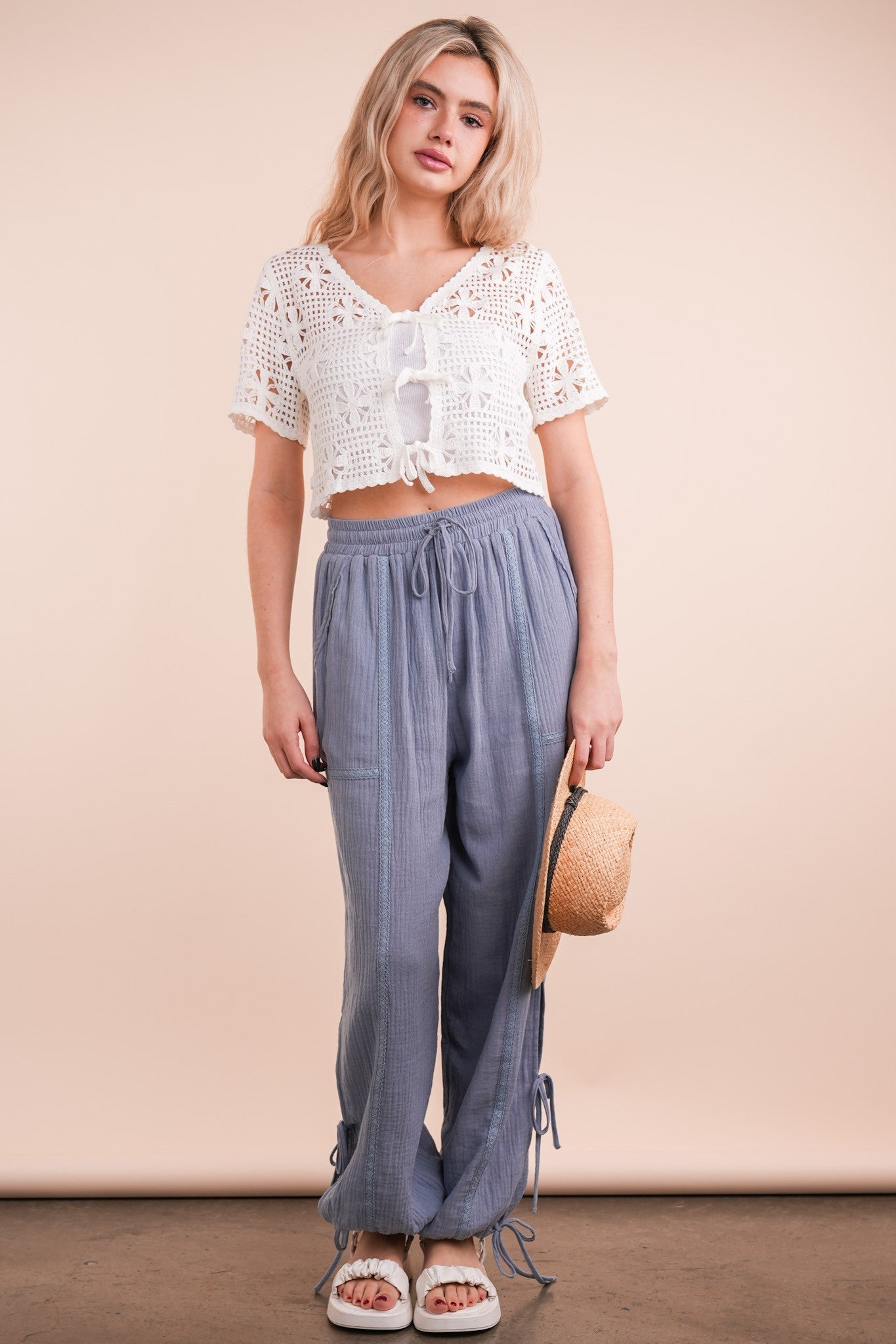 Side Tunnel Harem Pants with Lace Trim Detail