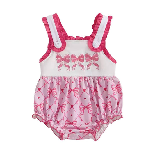 Pink Button Bow Embroidered Romper