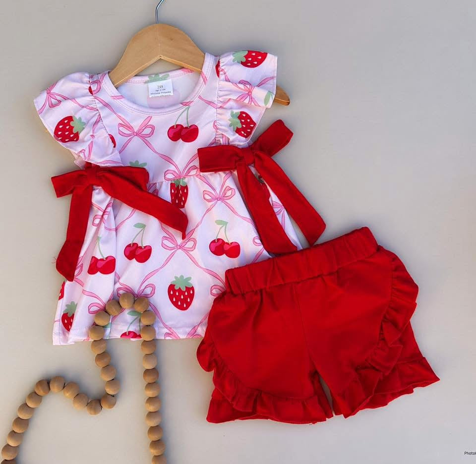 Bow Strawberry & cherry Romper or set