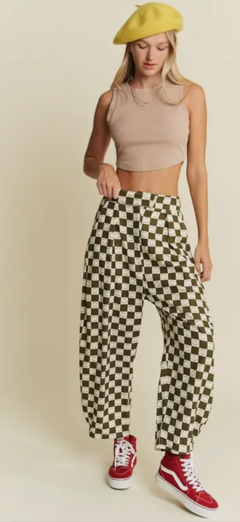 Smile Pattern Checkered High Waist Barrel Pants