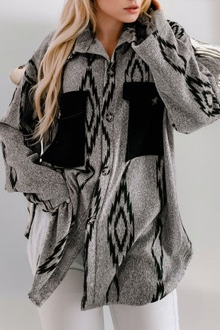 Aztec Contrast Chest Pockets Loose Shacket