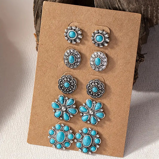 Vintage 5-pair Turquoise Stud Earring Set