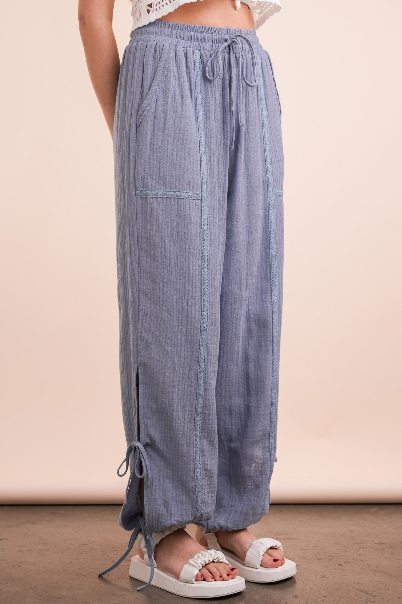 Side Tunnel Harem Pants with Lace Trim Detail