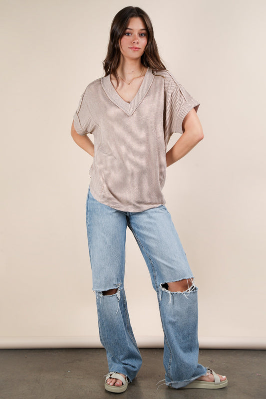 Soft Two Tone Casual Comfy Ribbed Knit Top